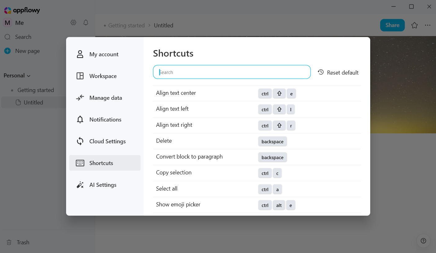 Open the Shortcuts tab in AppFlowy Settings